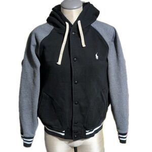 Polo Ralph Lauren Black/Gray FLEECE BASEBALL JACKET Hoodie Jacket M PONY